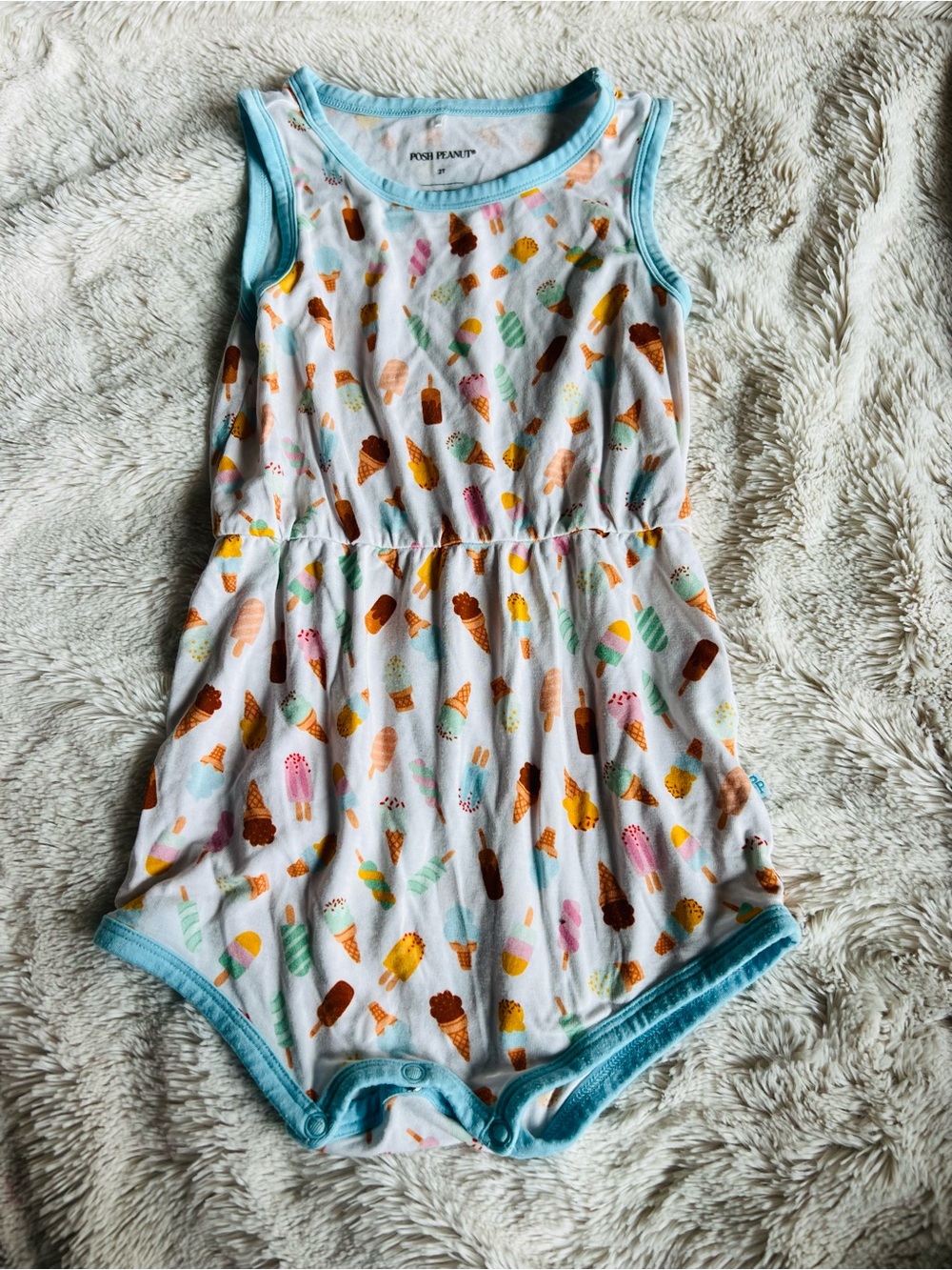 Posh Peanut 2t Ice Cream Print Romper with Light Blue Trim
